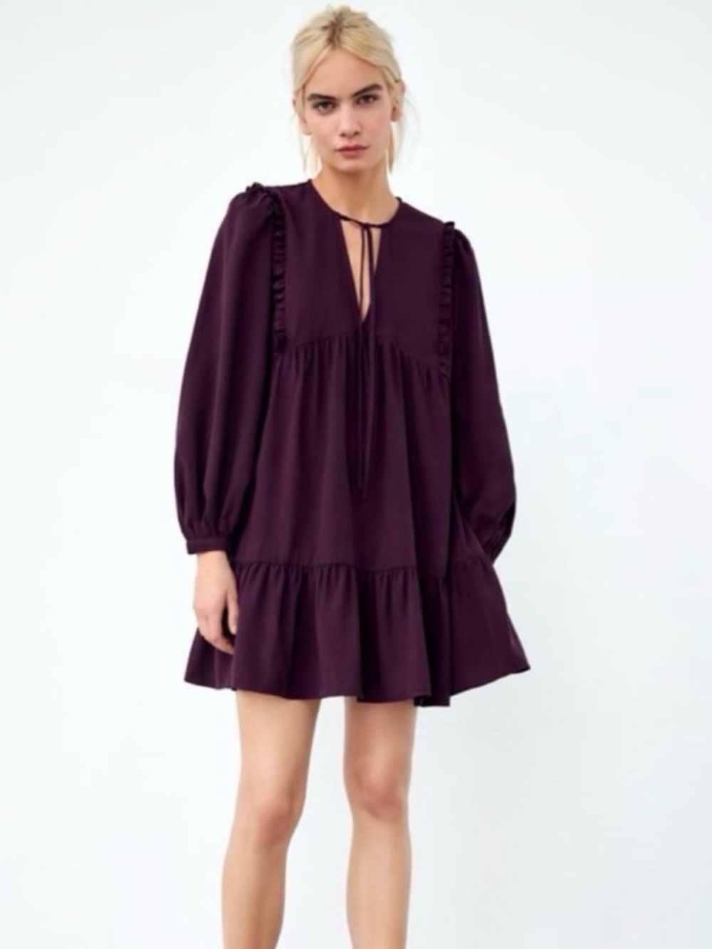 Zara Plum Purple Ruffle Tie Front Tiered Mini Dress Long Sleeve L